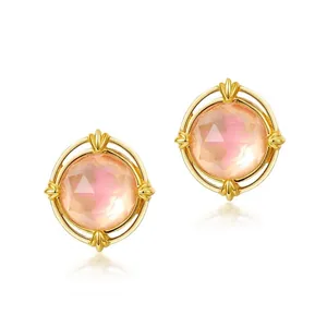 Japanese Minimalist 925 Sterling Silver Gold Plated Stud Earrings For Women Natural Rose Quartz Bird Cold Enamel Vintage Earrings