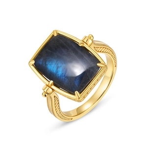 Vintage 925 sterling silver ring with rectangular blue labradorite stone and gold finish