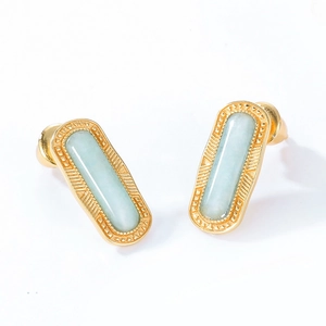 Retro 925 silver rectangle amazonite stud earrings with gold textured edges