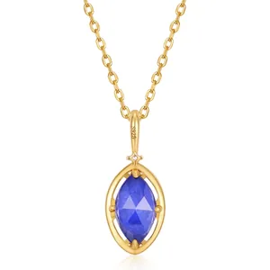 Collier Pendentif Réversible en Argent Sterling S925 Plaqué Or Lapis-Lazuli Cristal Blanc Bijoux Élégants pour Femmes