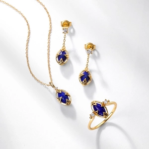 Lapis lazuli S925 silver jewelry set including necklace, earrings and open ring