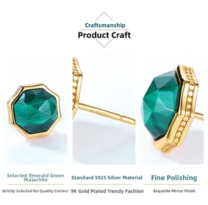Macro view of S925 silver hexagonal earrings with malachite stone and 9K gold plating