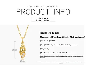 Detailed specs of S925 silver 10K gold shell pendant with 1.7mm white zircon stones