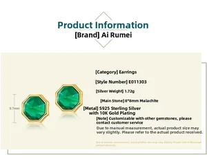 Macro view of 9.7mm octagonal malachite stud earrings in gold plated 925 silver