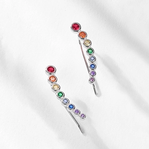 Rainbow S925 silver stud earrings featuring colorful cubic zirconia stones in a curved design