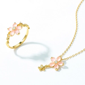 Ensemble collier et bague en argent 925 plaqué or 10K avec fleurs de cerisier roses