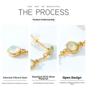 Detail of S925 silver 9K gold plated earring with opal stone and delicate chain links