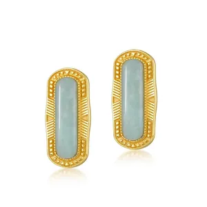 Vintage 925 Sterling Silver Amazonite Stud Earrings Geometric Rectangular Gold Plated Light Luxury Women Fashion Jewelry