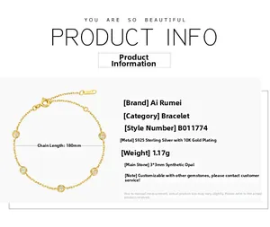 Detailed view of S925 silver gold plated bracelet with five round synthetic opals