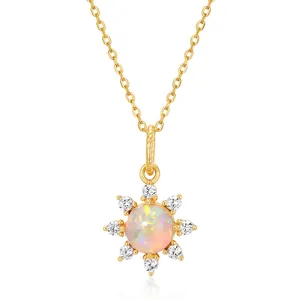 925 Sterling Zilver Synthetische Opaal Zon Hanger Ketting Goud Verguld Zirconia Geometrische Halssieraden Voor Dames Cadeau