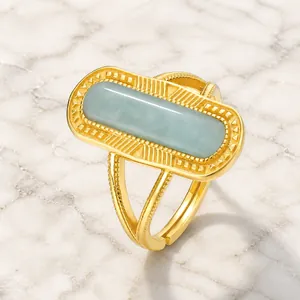 Anillo de Amazonita de Plata de Ley 925 Retro Ajustable Chapado en Oro Geométrico Rectangular Ágata Musgo Joyería para Mujer