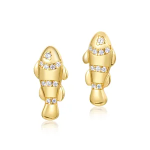Boucles d'Oreilles Clous en Argent Sterling 925 Poisson-clown pour Femmes Style Vacances à l'Océan Incrustation de Zirconia Plaqué Or