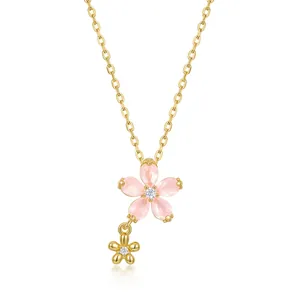 Collier Pendentif Fleur Rose en Argent Sterling 925 pour Femme Plaqué Or Cristal Rose Synthétique Bijoux de Clavicule Cadeau