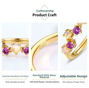 Macro shot of S925 silver stamp and amethyst with opal stones on a gold plated ring