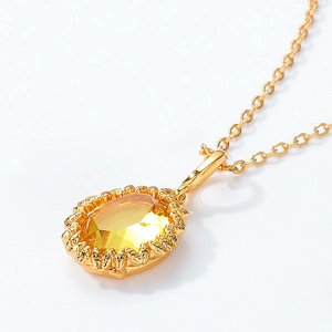 Pendente vintage in argento 925 oro 10K con cristallo giallo ovale e motivo a foglia