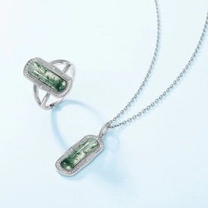 Parure de bijoux vintage en amazonite avec pendentif rectangulaire et bague en argent