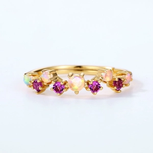 Elegant wavy gold ring with round white opal and purple gemstones for women