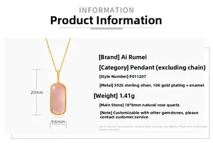 Detailed size specifications of 925 silver 10K gold plated rose quartz pendant