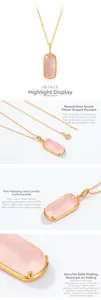 Macro shot showing the polished gold plating and translucent cushion-cut rose quartz pendant
