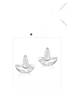 Macro detail of geometric S925 silver earrings with white shell inlay and hammered metal texture