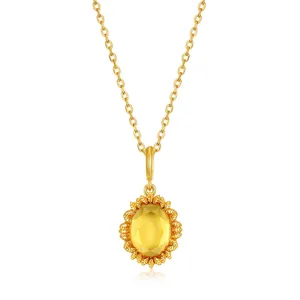 Collana con Ciondolo Tondo a Foglia di Citrino Sintetico in Argento Sterling 925 Placcato Oro Vintage per Donna Gioielli