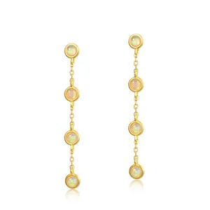925 Sterling Silver Long Drop Stud Earrings For Women Gold Plated Geometric Round Synthetic Opal Minimalist Tassel Earrings Jewelry