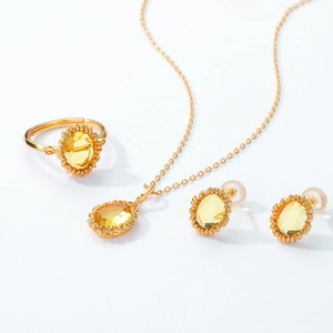 Set gioielli in argento 925 placcato oro 10K con collana pendente foglia e anelli di citrino