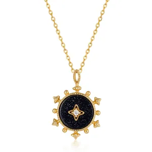 Collier Pendentif Boussole en Argent Sterling 925 Pierre de Sable Bleu Plaqué Or 10K Bijoux Zirconia Vintage Femme