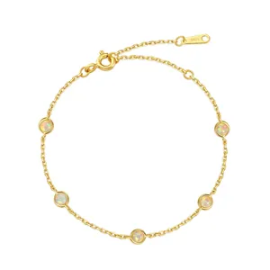 Luxury 925 Sterling Silver Gold Plated Round Synthetic Opal Bracelet For Women Geometric Chain Link Elegant Jewelry Gift