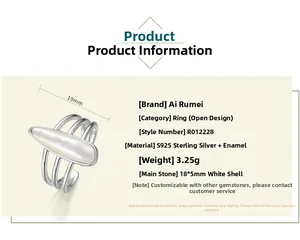 Macro detail of S925 silver open ring with white shell inlay and precise dimensions