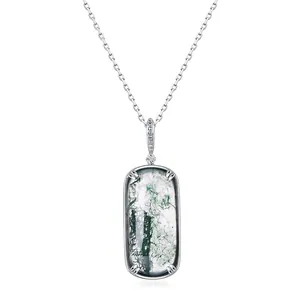 925 Sterling Silver Geometric Pendant Necklace Natural Moss Agate Rose Quartz Stone Minimalist Clavicle Chain Women Jewelry