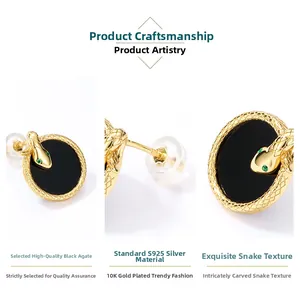 Detailed views of S925 silver snake earrings with black agate and 10K gold plating