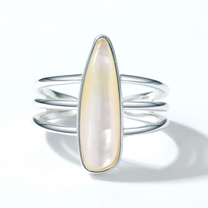 Japanese luxury S925 silver ring featuring geometric triple bands and water drop shell stone