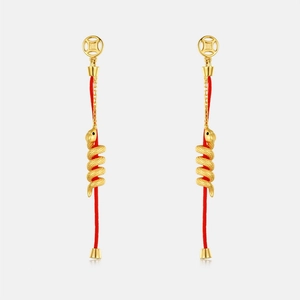 Red string snake earrings with gold coin detail for Year of the Snake jewelry