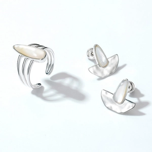 S925 silver jewelry set featuring a white shell ring and geometric stud earrings