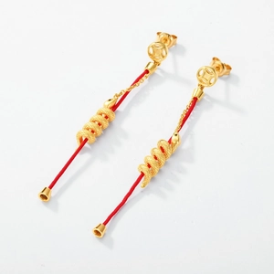 Red cord drop earrings with S925 silver gold snake charm and coin motif