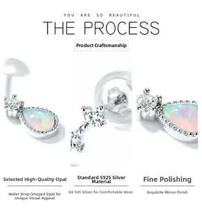 Detailed view of teardrop opal earrings with S925 silver and cubic zirconia accents