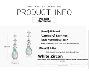 Detailed size specifications for teardrop opal earrings made of S925 sterling silver