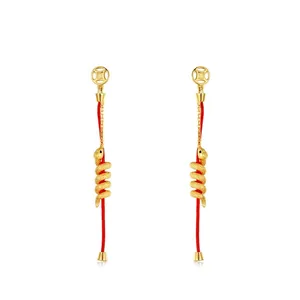 925 Sterling Silver Chinese Style Snake Year Red Rope Drop Earrings For Women Gold Plated Zirconia Coin Tassel Earrings