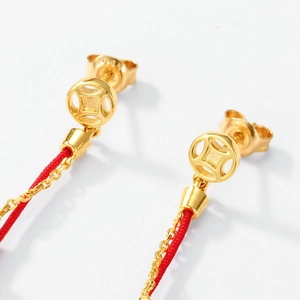 S925 silver gold-plated long earrings with red rope and traditional copper coin design