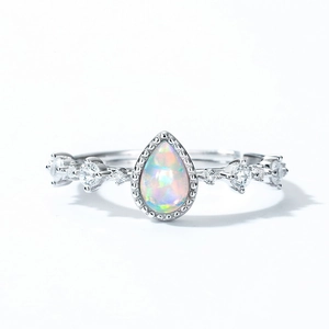 925 silver pear-cut opal ring with zircon accents and adjustable open band design