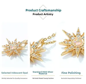 Detail of S925 silver sunburst pendant featuring iridescent opal and zircon stones