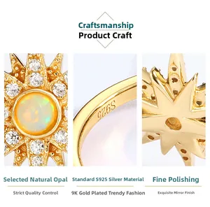 Detailed macro view of S925 silver sunburst ring with opal stone and 9K gold plating