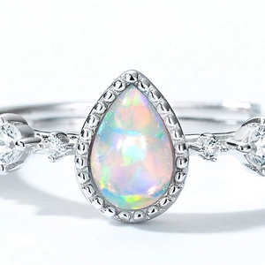 Elegant silver S925 pear shaped opal ring with sparkling zircon side stones for women