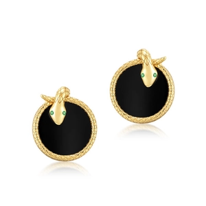 S925 silver snake earrings with black onyx and green eyes in vintage punk style