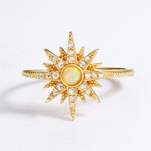 Luxury S925 silver sun ring with opal and zircon in gold finish for women