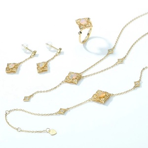 Macro shot of S925 silver vintage opal jewelry set with intricate hollow out details