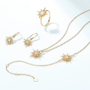 Detail of S925 gold necklace and earrings set featuring opal starburst and zircon inlay