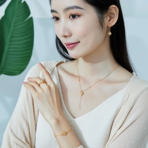 Detailed view of luxury gold lace jewelry set with opal stone on a lifestyle model