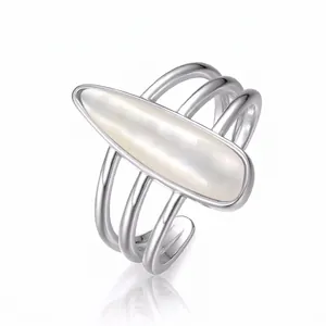 S925 Sterling Silver Open Ring For Women Japanese Minimalist Multi Layer Teardrop Shell Moss Agate Adjustable Jewelry Ring